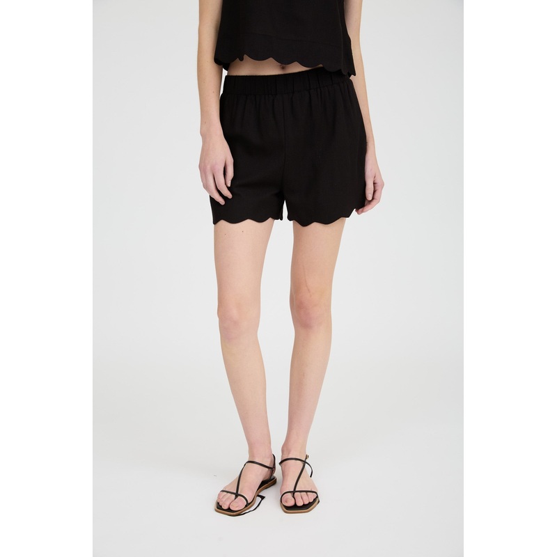 High Waist Scallop Trim Mini Shorts Black Small