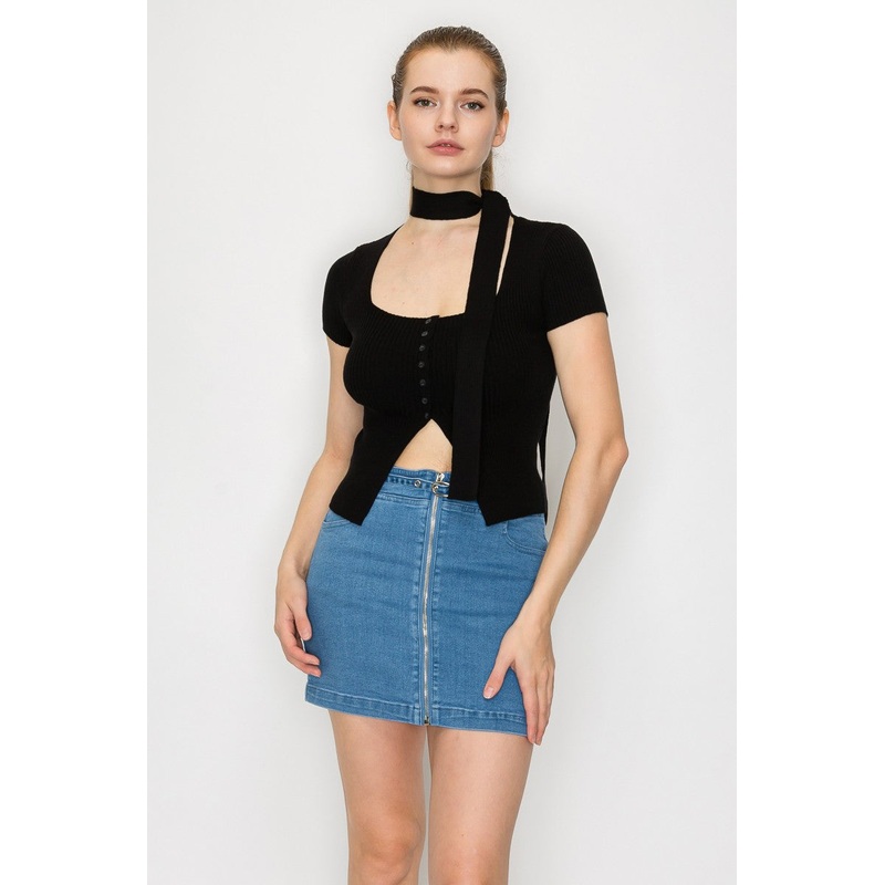 Sweater Neck Tie Sleeveless Top Black Small