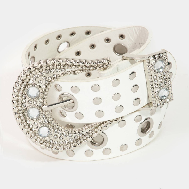 Rhinestone Buckle Grommet Belt WH