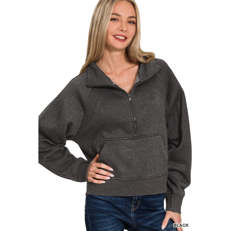 Acid Washed Half Zip Fleece Pullover Kangaroo Pocket Black Small