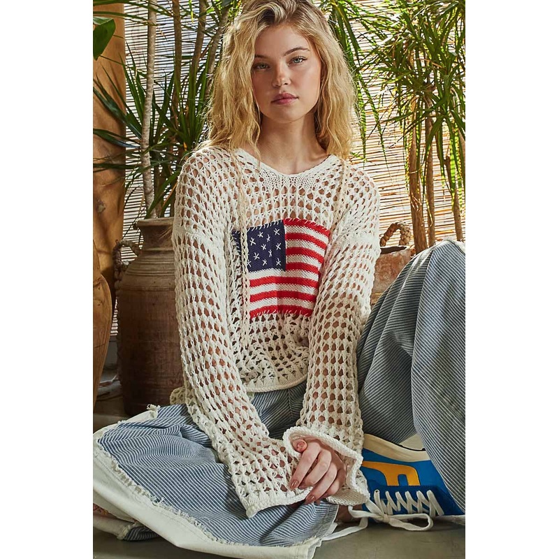 Long Sleeve American Flag Hoodie Thin Sweater Top Ivory Small