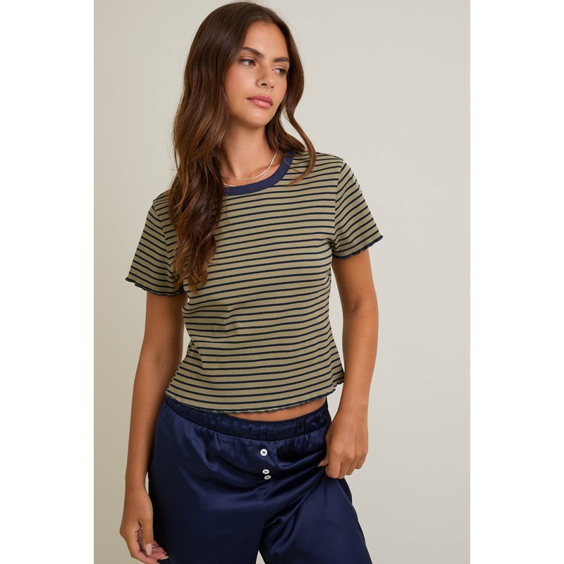 Round Neck Short Sleeve Top With Lettuce Hem Olive/Navy Stripe Xsmall