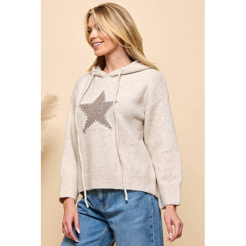 Star Stitched Hoodie Sweater Oatmeal One Size