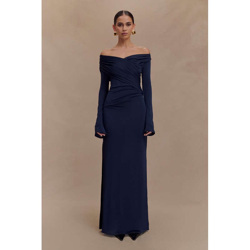 Therese Off Shoulder Ruched Maxi Dress – Navy XXS