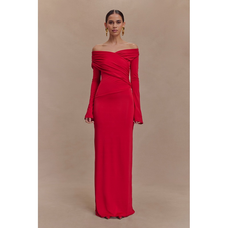 Therese Off Shoulder Ruched Maxi Dress – Red XXS