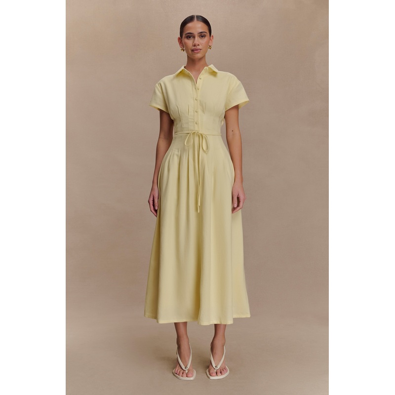 Aysha Buttoned Linen Midi Dress – Lemon XXS