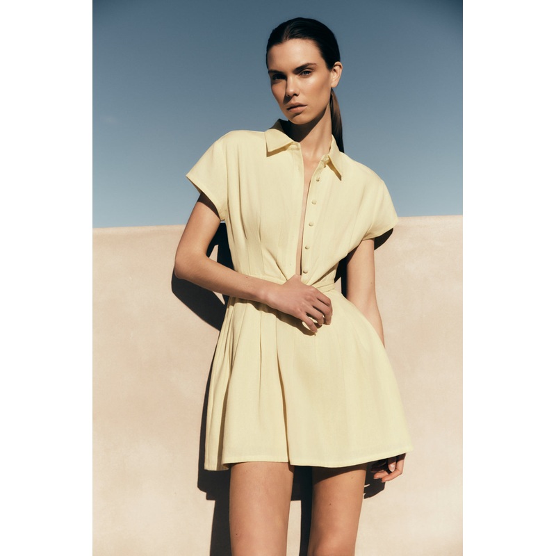 Aysha Buttoned Linen Mini Dress – Lemon XXS