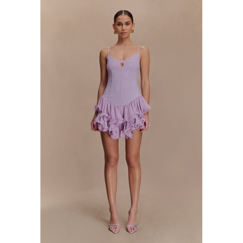 Calantha Ruffle Mesh Mini Dress – Lilac XXS