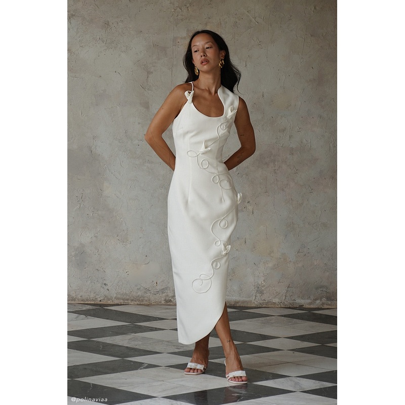 Virginia Suiting Embroidered Midi Dress – White XXS