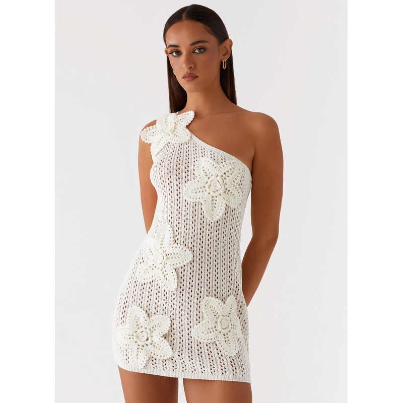 Afterglow One Shoulder Crochet Mini Dress – Ivory Ivory XS-S