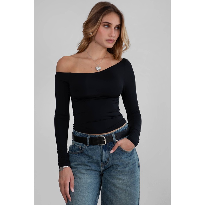 Audree One-Shoulder Asymmetrical Neckline Long-Sleeve Top Black Small