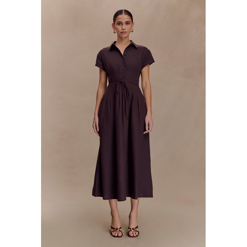 Aysha Buttoned Linen Midi Dress – Chocolate XXS
