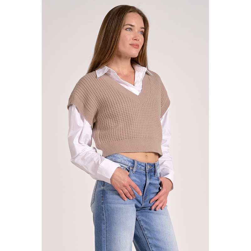 Elan Crop Mix Media Sweater Taupe Small