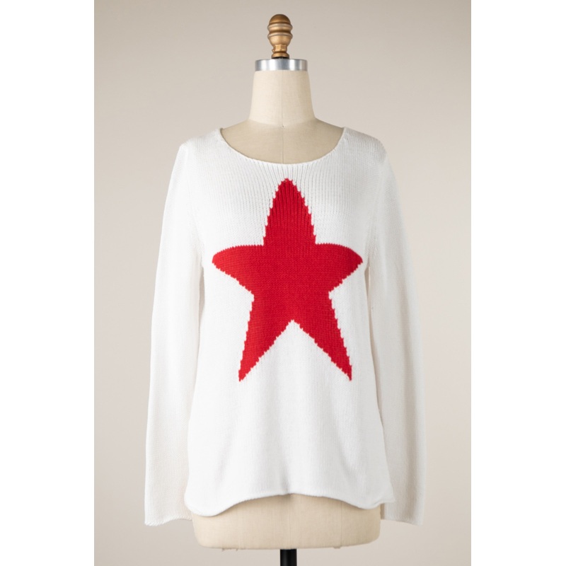 Light Weight Soft Knit Star Sweater Top Ivory/Red XS/S