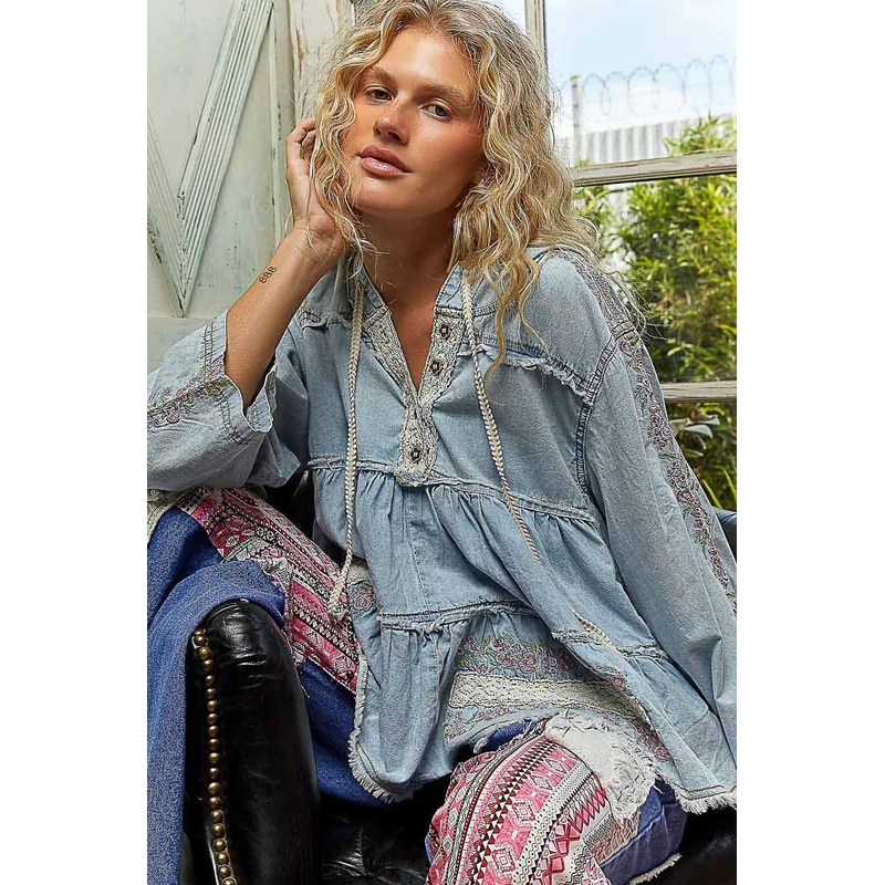 Long Sleeve Double Gauze Embroidery Shirring Woven Top Denim Small