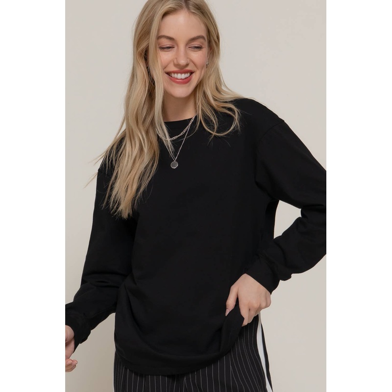 Long Sleeve Round Neck Cotton Tee Black Small