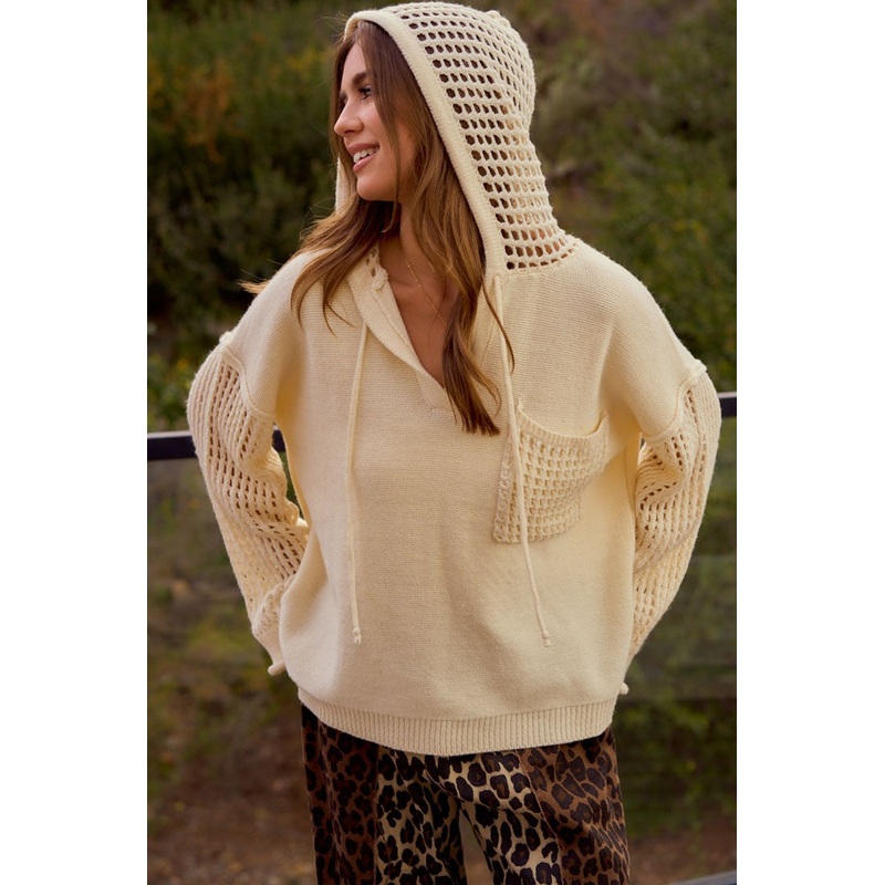 Pointelle Knit Long Bell Sleeves Hoodies Top Ivory Small
