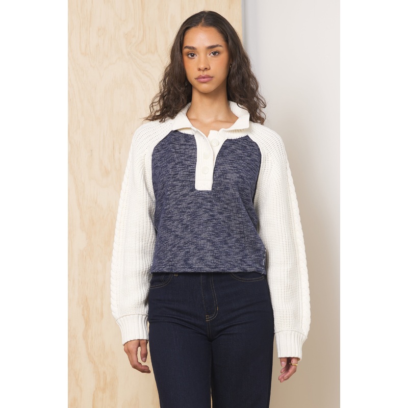 Vintage Havana Mixed Knit Collared Sweater Winter Cream/Navy Small