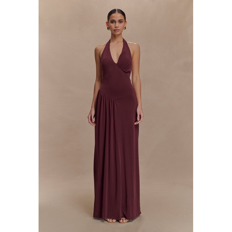 Yelena Ruched Halter Maxi Dress – Mahogany XXS