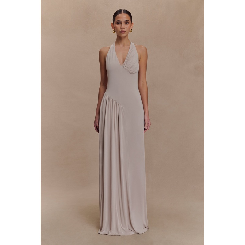 Yelena Ruched Halter Maxi Dress – Taupe XXS