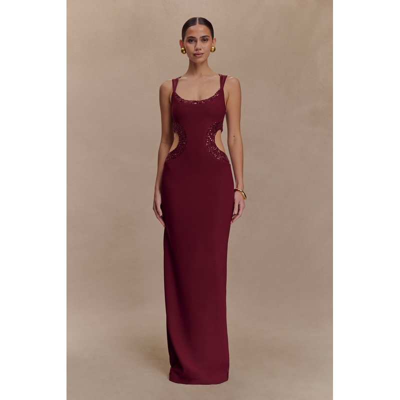 Angelique Beaded Crepe Maxi Dress – Wine XXS