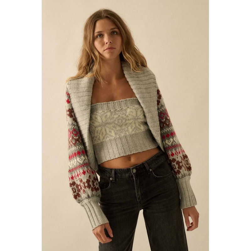 Apine-Knit Shrug Cardigan and Tube Top Set Heather Grey Small