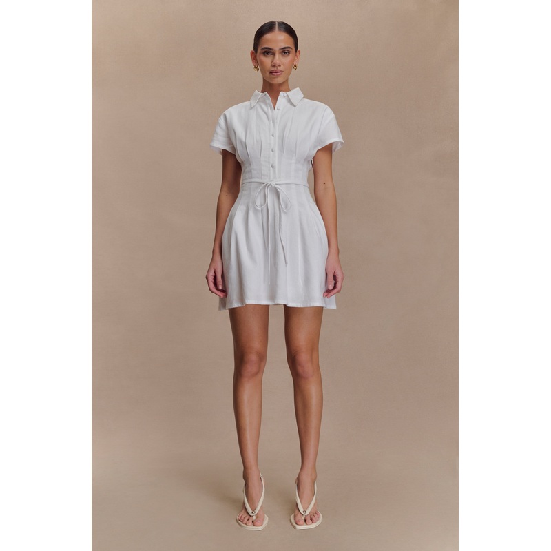 Aysha Buttoned Linen Mini Dress – White XXS