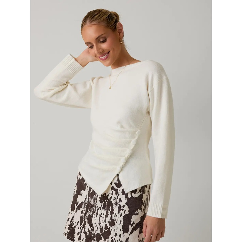 Boat Neck 3/4 Sleeve Pleated Button Down Sweater Cream Small