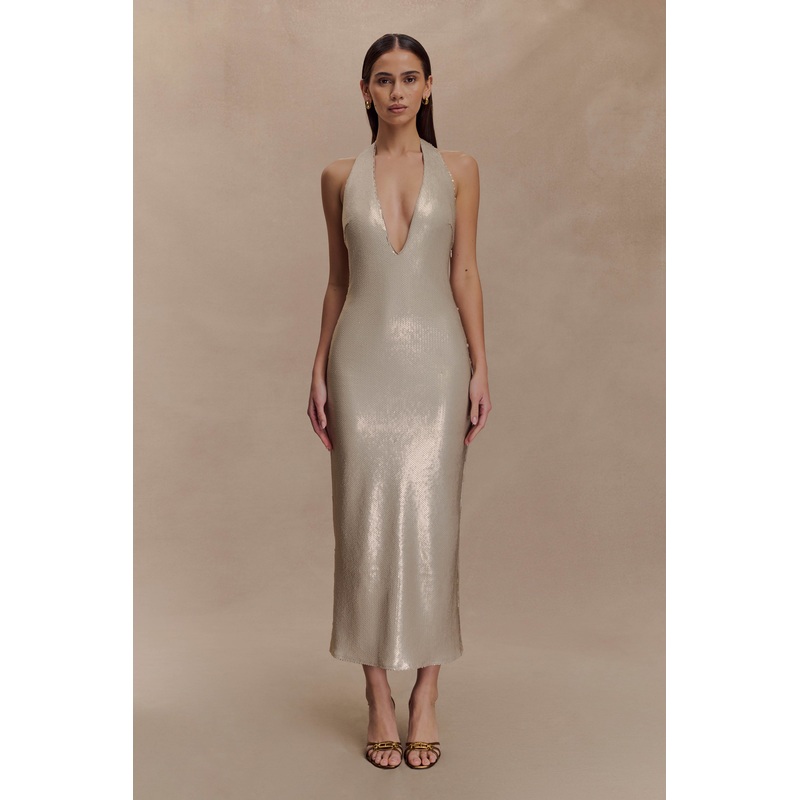 Carnation Sequin Halter Midi Dress – Gold XXS