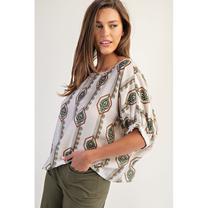 Geometric Floral Printed Elastic Cuff Blouse Small Midnight