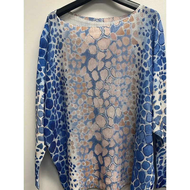 Giraffe Round Neck Knit Printed Sweater Blue One Size