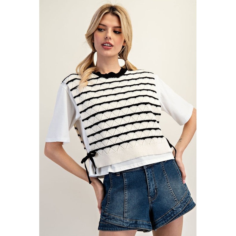 Layered Striped Sweater Top Small Oatmeal