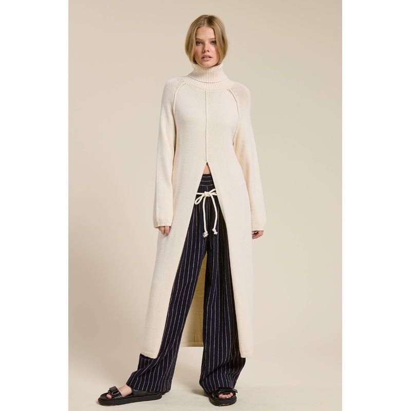 Ribbed Turtleneck Tunic Sweater Dress with Slit Ecru Small