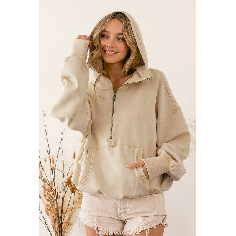 Stitch Detailed Elastic Hem Half Zip Fleece Hoodie Small Oatmeal