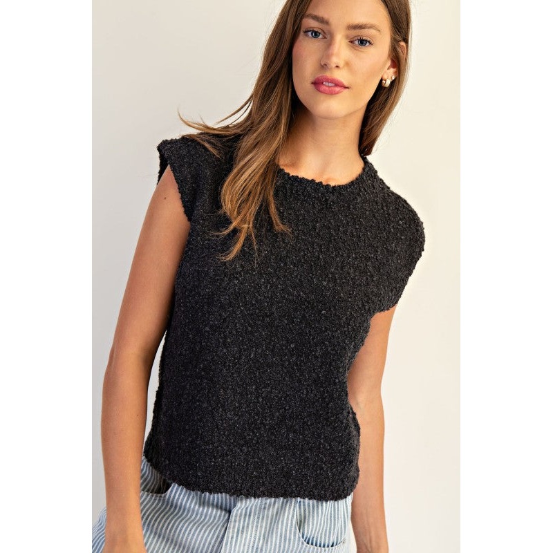 Textured Boucle Knit Sleeveless Sweater Small Ash Black