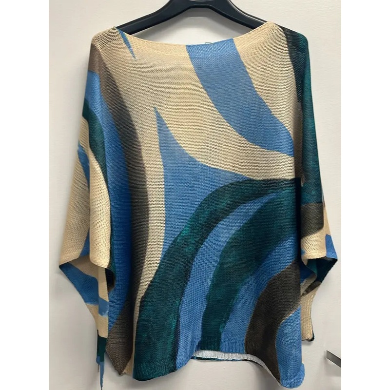 Wavy Round Neck Knit Sweater Blue One Size