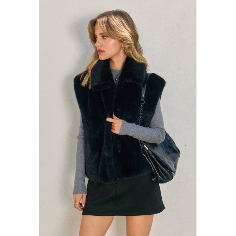 Wind Whispers Fur Collared Vest Black Small