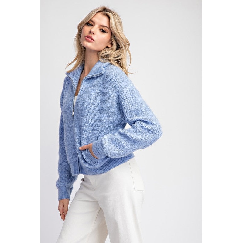 Zip Up Knit Sweater Jacket Small Denim