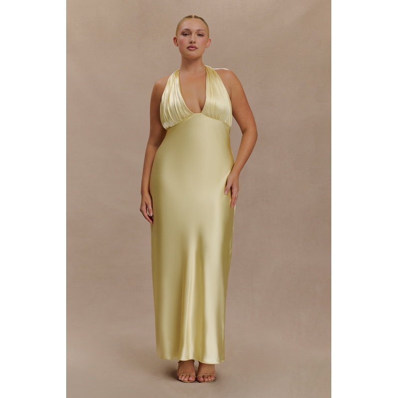 Alice Satin Halter Maxi Dress – Lemon XXS