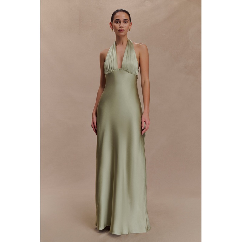 Alice Satin Halter Maxi Dress – Sage XXS