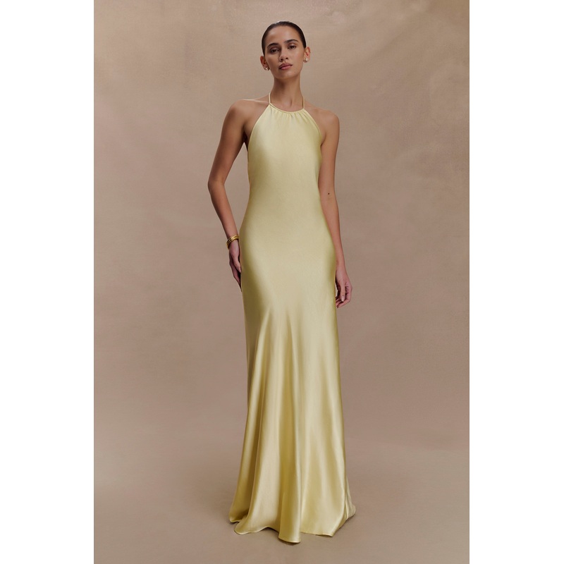 Bella Satin Halter Maxi Dress – Lemon XXS