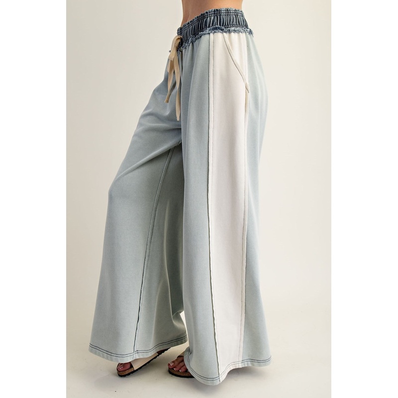 Color Block Denim Drawstring Pants Small Sage