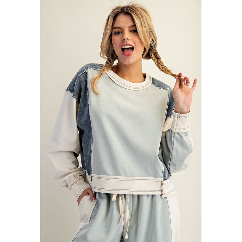 Frayed Color Block Long Sleeve Pullover Small Sage