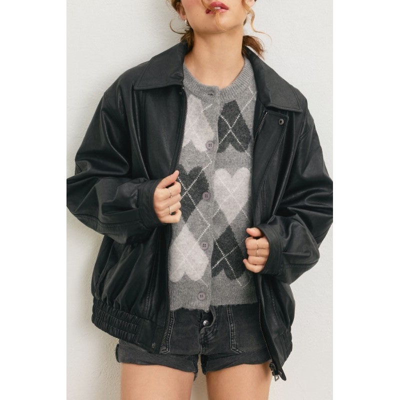 Oversized Vegan Leather Biker Jacket Black Small