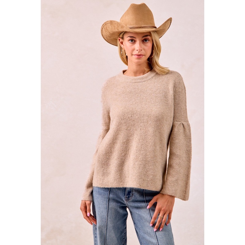 Solid Knit Sweater Top With Sleeves Wide Open Latte Small