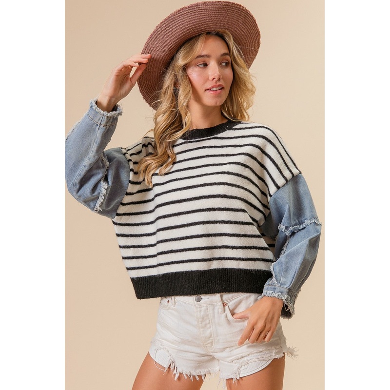 Washed Denim Sleeve Striped Sweater Black/Ivory Small
