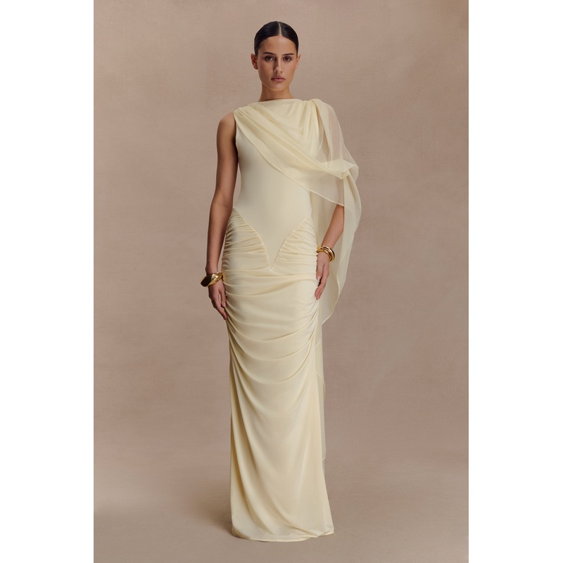 Amandine Ruched Slinky Maxi Dress – Lemon XXS