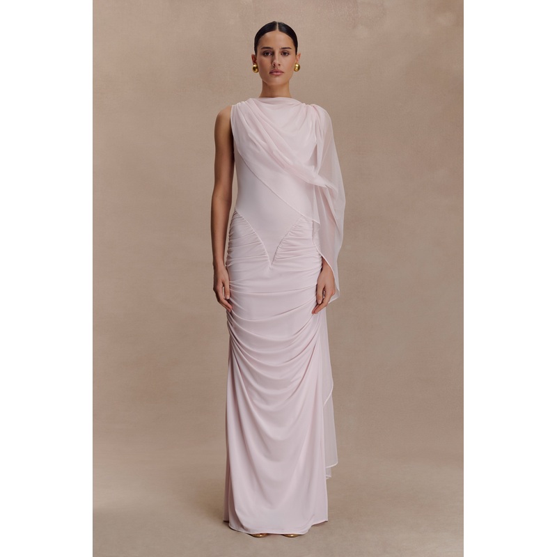 Amandine Ruched Slinky Maxi Dress – Pale Pink XXS