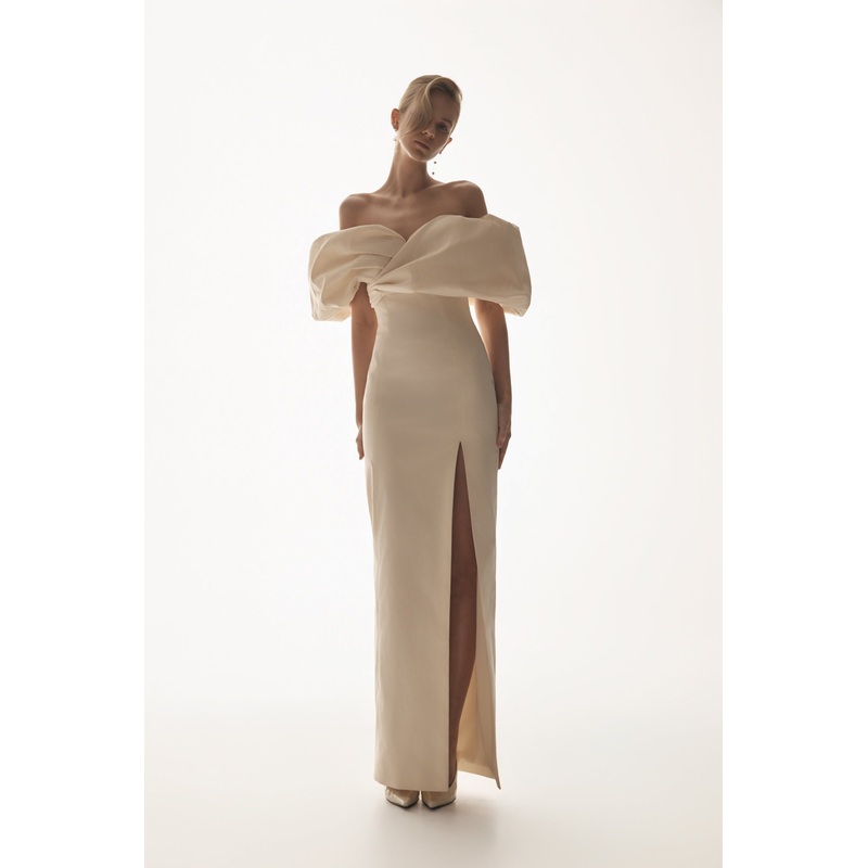 Angelica Taffeta Off Shoulder Bridal Gown – Soft Beige XXS