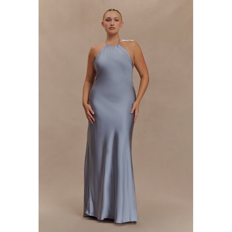 Bella Satin Halter Maxi Dress – Frosted Blue XXS